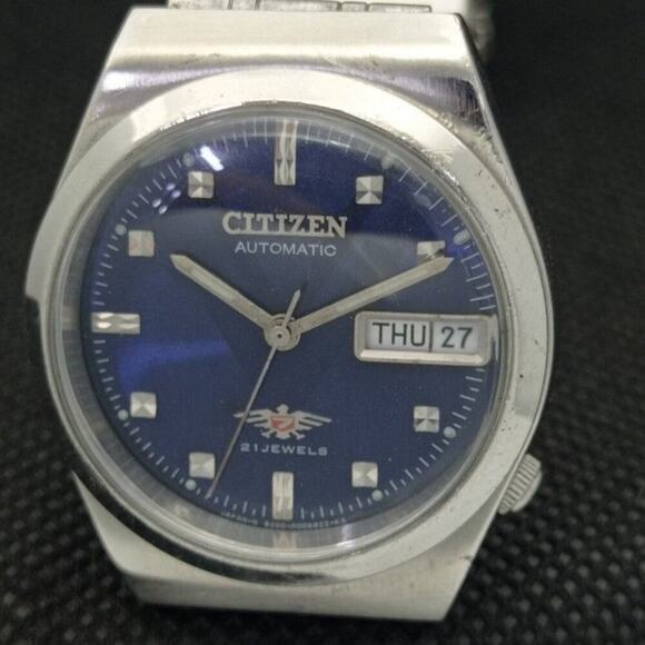 Vintage 1977 Citizen Automatic Mens Silver Watch W/daydate & Blue accents - Picture 3 of 8